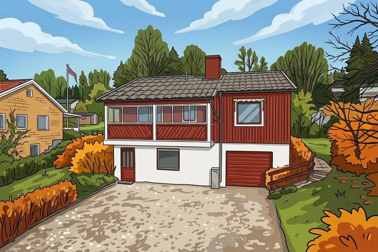 Domek — röd träfasad med vita fönsterkarmar och inramad uppfart, hösten.